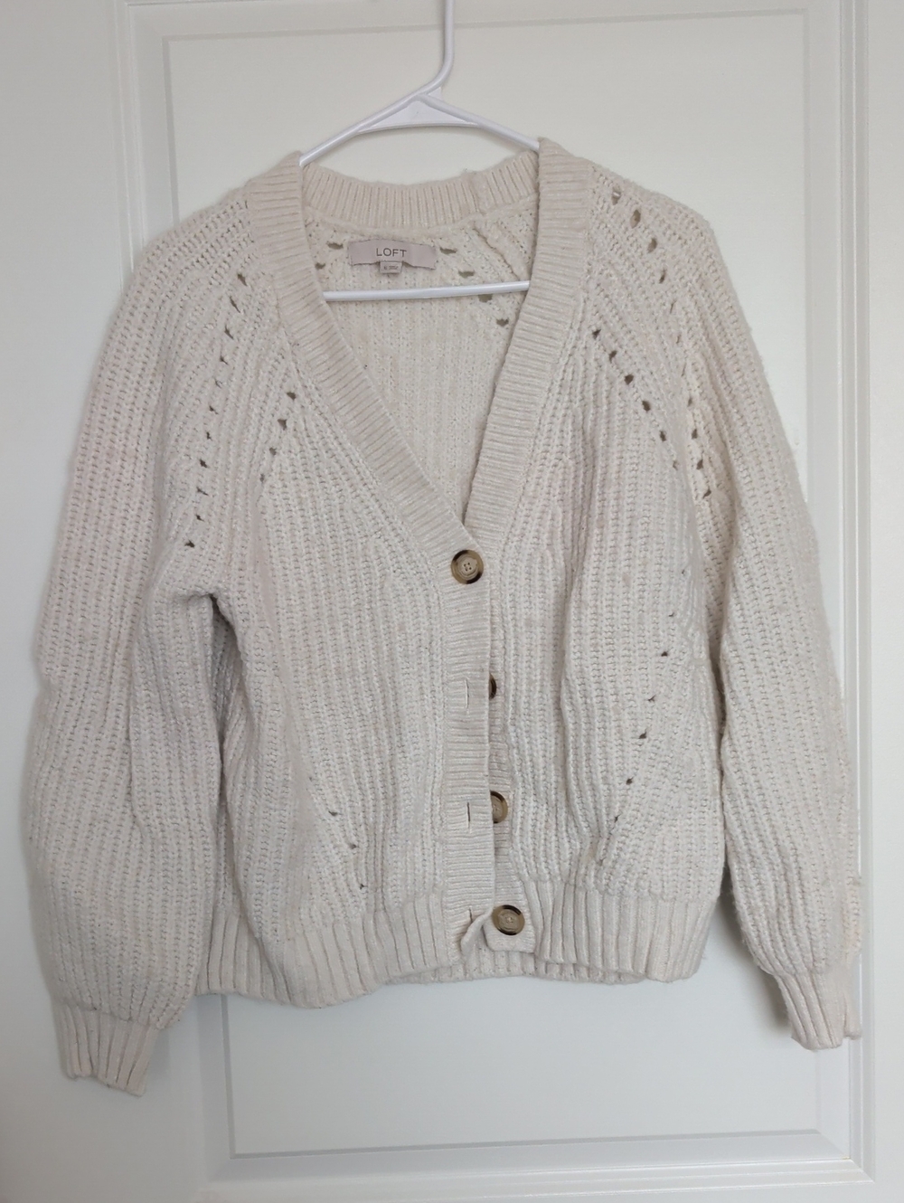 LOFT Cream Button-Front Open Knit Cardigan